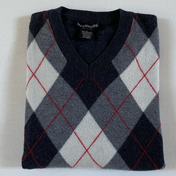 HATHAWAY PLATINUM MEN’S 100% CASHMERE PULLOVER SWEATER ARGYLE V-NECK SIZE L - Picture 1 of 16